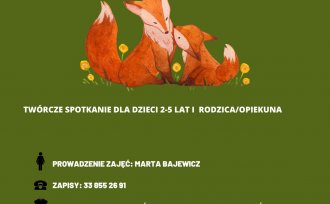 Plakat, Dwa rude liski (rodzic i dziecko) na zielonym tle