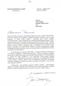 List I Wojewody Śląskiego Jana Chrząszcza z okazji odsłonięcia Kamienia Pamięci mjra Adolfa Pilcha