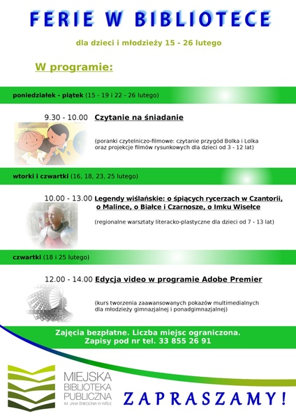 Zaproszenie na ferie w biblotece