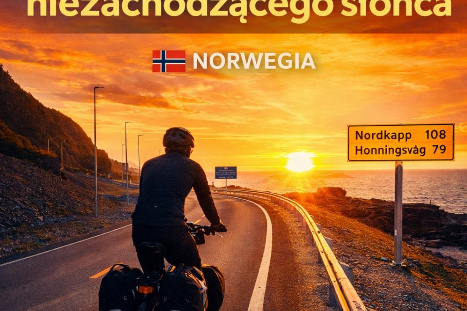 Rowerzysta, droga, zachodzące słońce. NORWEGIA